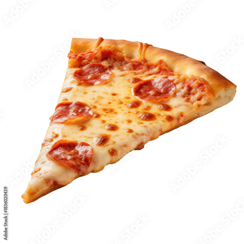 Food Photography. Slice of pepperoni pizza displays savory textures and detail against a black backdrop. For restaurant menus, food blogs, posters.