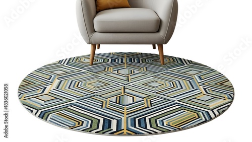 A modern living room scene, featuring a geometric rug beneath an armchair