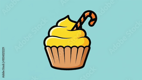 Yellow cupcake with candy cane decoration.