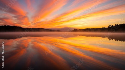 Fiery sunset streaks across the sky, reflected perfectly in a still lake's surface