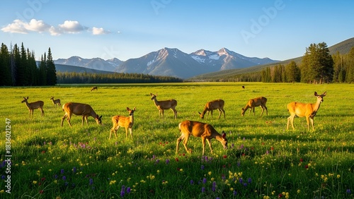 Deer graze in a sunny, flower-filled meadow with mountains and trees in the distance
