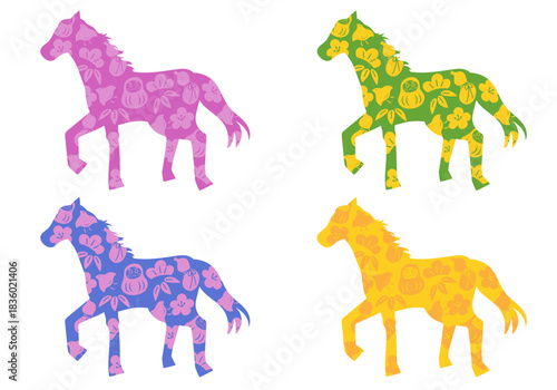 和風のおめでたい模様をあしらった馬のシルエットの4色セットのベクターイラスト