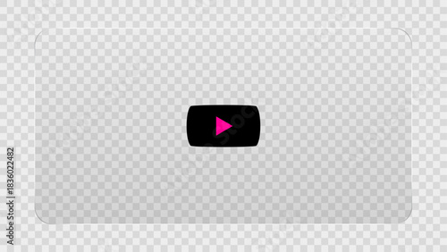Contemporary vector glassmorphism video player interface mockup. Futuristic transparent frosted glass UI design with blur effect. Media playback screen layout with pink play button.