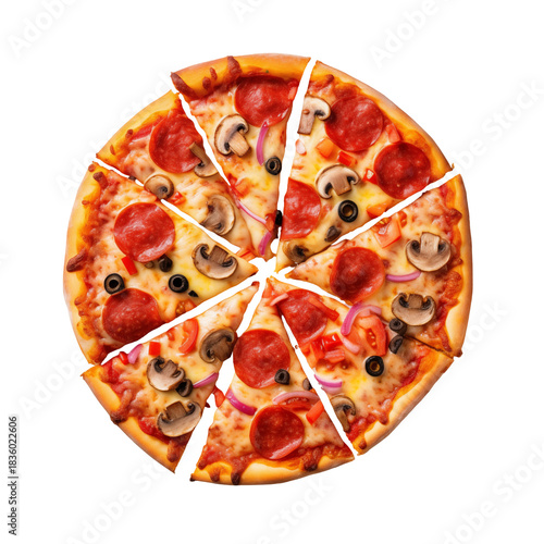 Pizza shows a sliced pie with pepperoni and mushrooms, on a black surface for restaurant menus or posters.