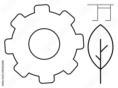 Technology, sustainability, eco-friendly design, innovation, mechanical systems, nature balance. ion of a gear, leaf and table design outlines. Technology and sustainability concepts