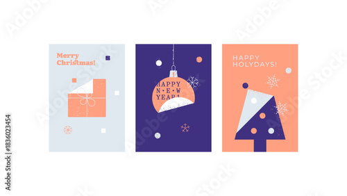 Set of three minimalistic Christmas cards: a gift box, a Christmas toy and a Christmas tree