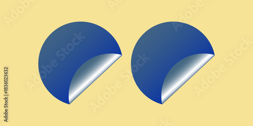 Blank blue round adhesive stickers mock up with curved corner, 3d rendering. Empty circle sticky label . White tags, paper round stickers with peeling corner isolated on Light yellow/ beige background