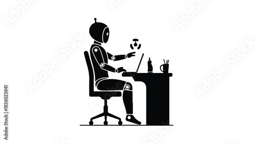 Robot, artificial intelligence, humanoid machine working on laptop computer with coffee cup in modern office setting, futuristic workspace concept