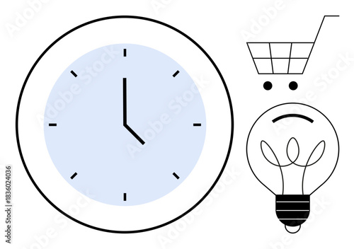 Productivity, innovation, planning, time saving, decision-making, creativity. Circular clock, bulb and shopping cart these ideas. Productivity and innovation concept