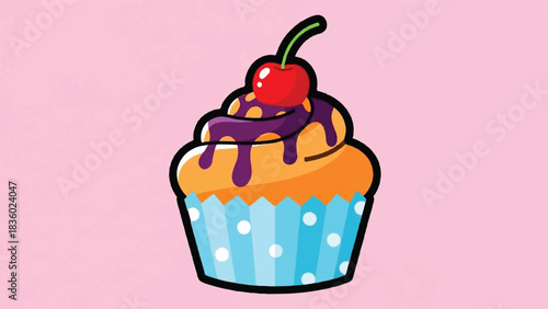 Delicious Cupcake with Cherry and Chocolate Drizzle.