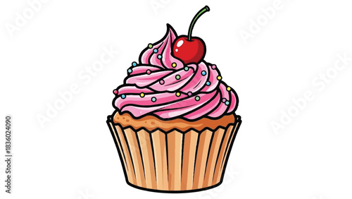 Delicious Pink Frosted Cupcake with Cherry Topping.