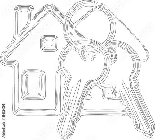 Conceptual minimalist line art illustrating property ownership with keys and house outline