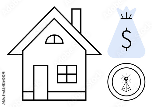 House exterior next to money bag with dollar symbol and minimalistic eye icon. Ideal for real estate, financial planning, mortgage, investment, property market, savings, and security concepts