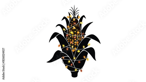 Whimsical ear of corn adorned with festive fairy lights against a stark white background.
