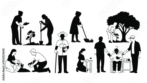 Diverse group of people engaged in gardening and community care activities