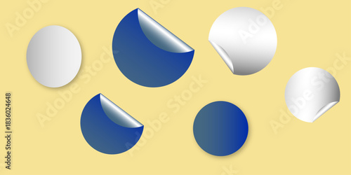 Circle adhesive stickers. White tags, paper round stickers with peeling corner isolated on Light yellow / beige background. Blank blue round stickers with curled corners, realistic mockup .