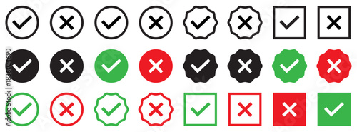 Collection of check and cross icons in circle, square and badge styles. Check and cross icons set in black, green and red for approval symbols. Flat design.