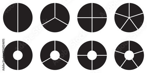 Pie chart circle division icons set with different split segments for infographic and data visuals. Ideal for data visualization, infographics, analytics, dashboards, presentations, and diagrams.