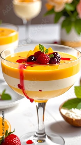 A dessert with layers of creams and sauces, topped with berries, and served in a glass