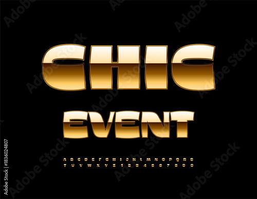 Vector Glamorous emblem Chic Event. Trendy Gold Font. Exclusive Alphabet Letters and Numbers set.