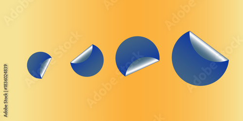 Blank blue round adhesive stickers mock up with curved corner, 3d rendering. Empty circle sticky label . White tags, paper round stickers with peeling corner isolated on Light yellow/ beige background