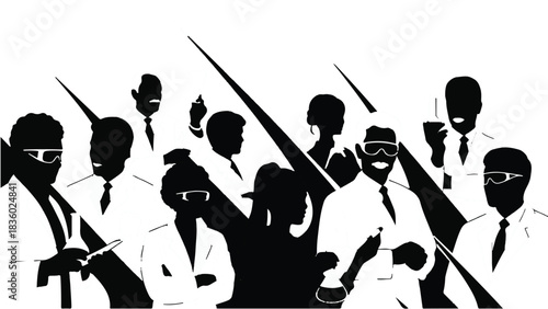 Diverse group of professionals in silhouette, united in scientific endeavor.