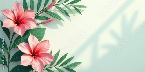 Delicate pink tropical blossoms and emerald foliage adorn a serene surface with gentle dappled light effects