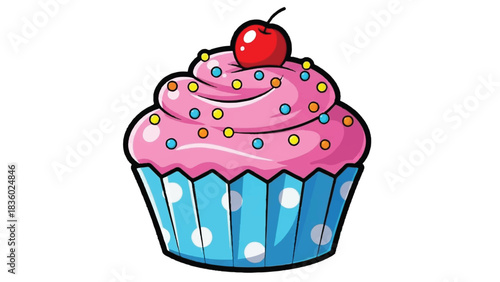 Delicious Cupcake with Pink Frosting and Cherry Topping.