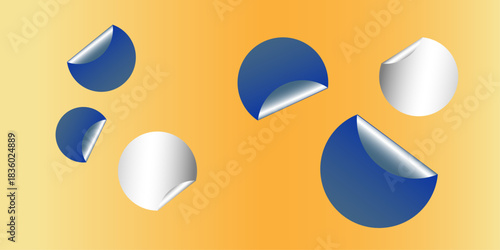 Circle adhesive stickers. White tags, paper round stickers with peeling corner isolated on Light yellow / beige background. Blank blue round stickers with curled corners, realistic mockup .