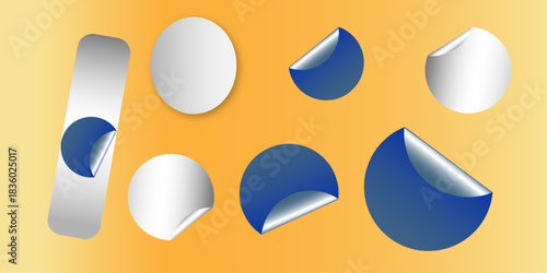 Circle adhesive stickers. White tags, paper round stickers with peeling corner isolated on Light yellow / beige background. Blank blue round stickers with curled corners, realistic mockup .