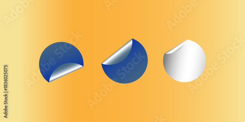 Circle adhesive stickers. White tags, paper round stickers with peeling corner isolated on Light yellow / beige background. Blank blue round stickers with curled corners, realistic mockup .