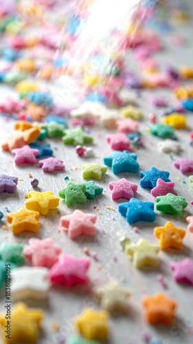 A close-up of colorful star-shaped candy sprinkles scattered on a white surface