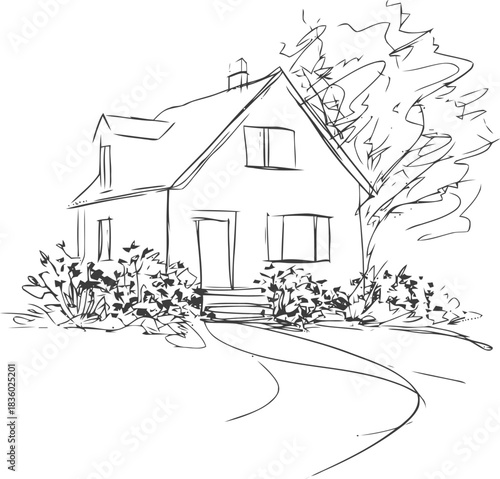 Hand-drawn house illustration showcasing architectural charm with natural surroundings