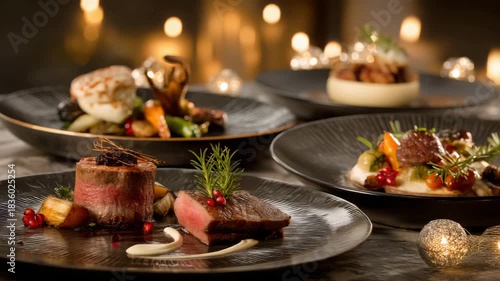 Gourmet plated dishes with festive ambiance