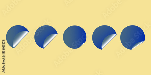 Blank blue round adhesive stickers mock up with curved corner, 3d rendering. Empty circle sticky label . White tags, paper round stickers with peeling corner isolated on Light yellow/ beige background