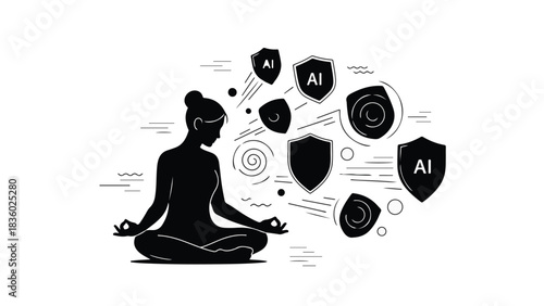 Silhouette of a person meditating surrounded by abstract AI symbols and shields, representing mindful technology interaction.