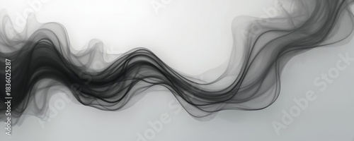 Surreal abstract black fog flows like curves on white background. Dark smoke waves and swirls in smooth motion. Monochrome art with fluid dynamics and soft shadows creates dreamy atmosphere.