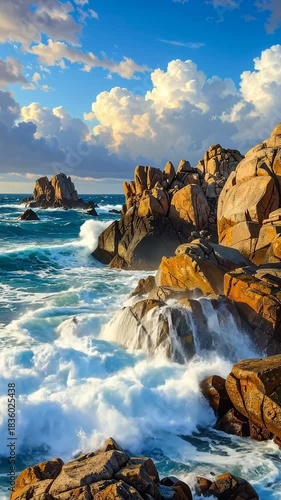 A rugged coastal scene with waves crashing against orange-hued rocks under a bright blue sky