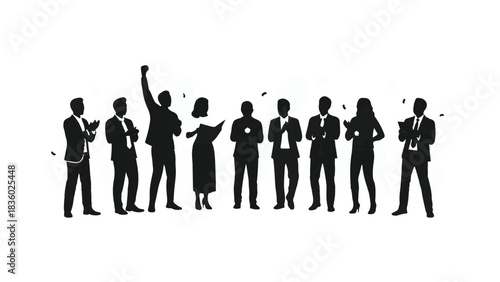 Business people team standing together in black silhouette against white background, successful corporate professionals in formal wear, teamwork and collaboration concept