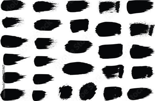 Collection of Black Ink Brush Strokes Swipes and Grunge Paint Smears Isolated on Transparent Background