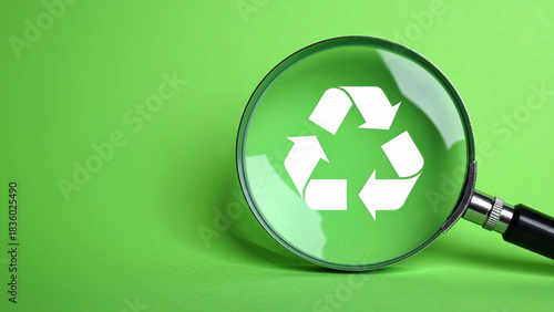 Magnifying glass exploring recycling symbol on green background