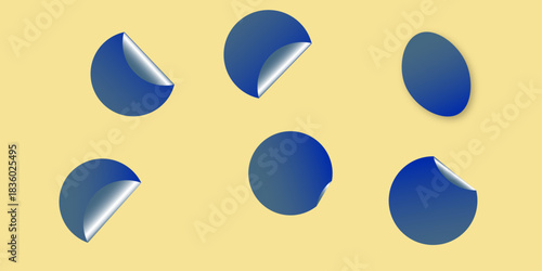Blank blue round adhesive stickers mock up with curved corner, 3d rendering. Empty circle sticky label . White tags, paper round stickers with peeling corner isolated on Light yellow/ beige background
