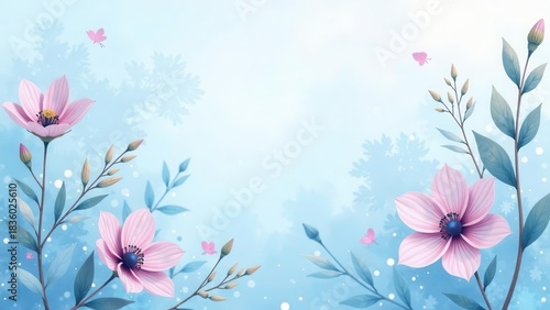 Delicate pink blossoms unfurl against a soft blue sky with ethereal floral silhouettes and tiny fluttering wings