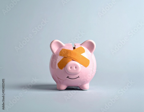 Piggy bank with adhesive bandages and cracks showing financial crisis