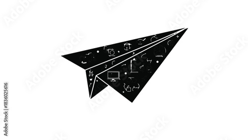 Origami paper airplane with tech icons symbolizing innovation and creativity in flight.