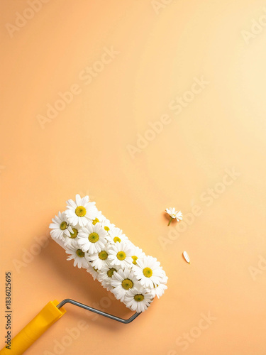 Paint roller creating spring with fresh daisies
