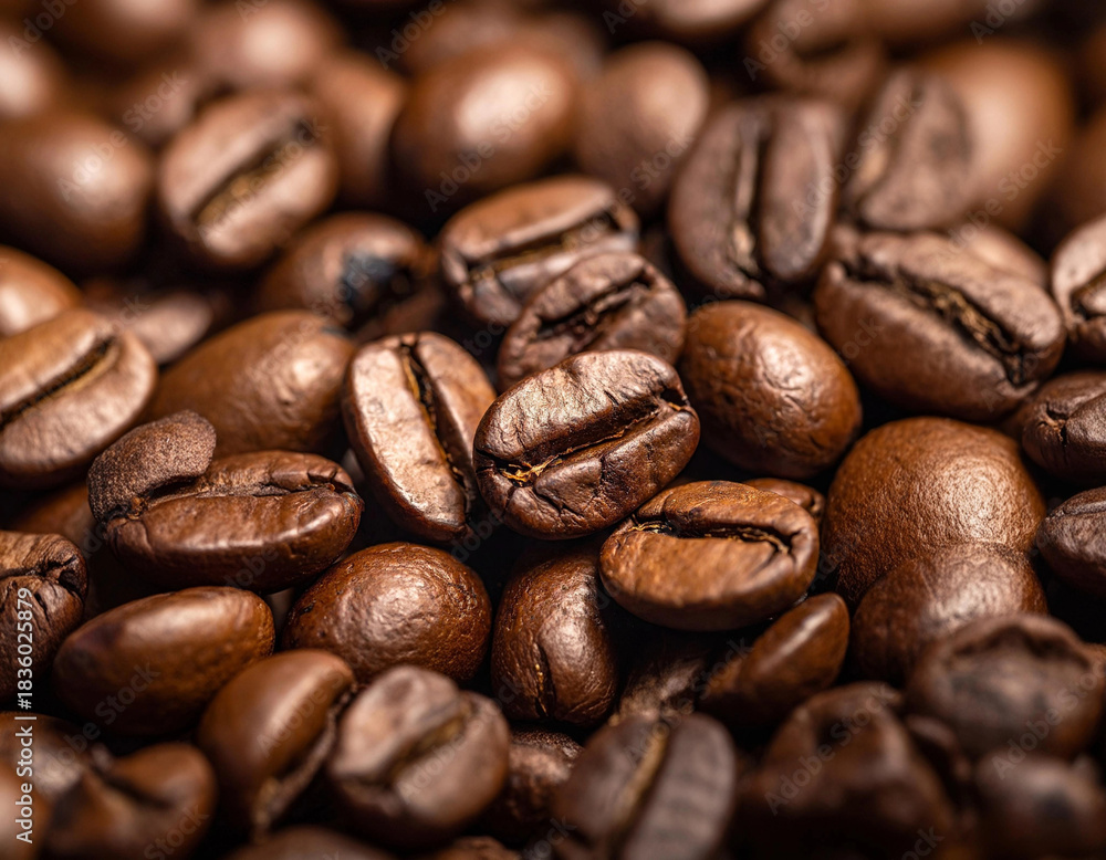 Fototapeta premium Roasted coffee beans close-up showing texture and aroma