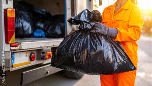 Garbage collector handling waste bag near truck at sunset