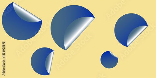 Blank blue round adhesive stickers mock up with curved corner, 3d rendering. Empty circle sticky label . White tags, paper round stickers with peeling corner isolated on Light yellow/ beige background