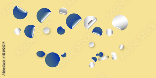 Circle adhesive stickers. White tags, paper round stickers with peeling corner isolated on Light yellow / beige background. Blank blue round stickers with curled corners, realistic mockup .